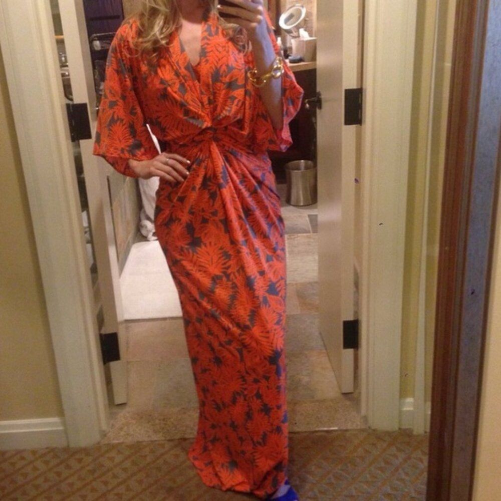 Anthropolgie S Orange Tropical Femme Print Maxi Long Wrap Flutter Kimono Dress